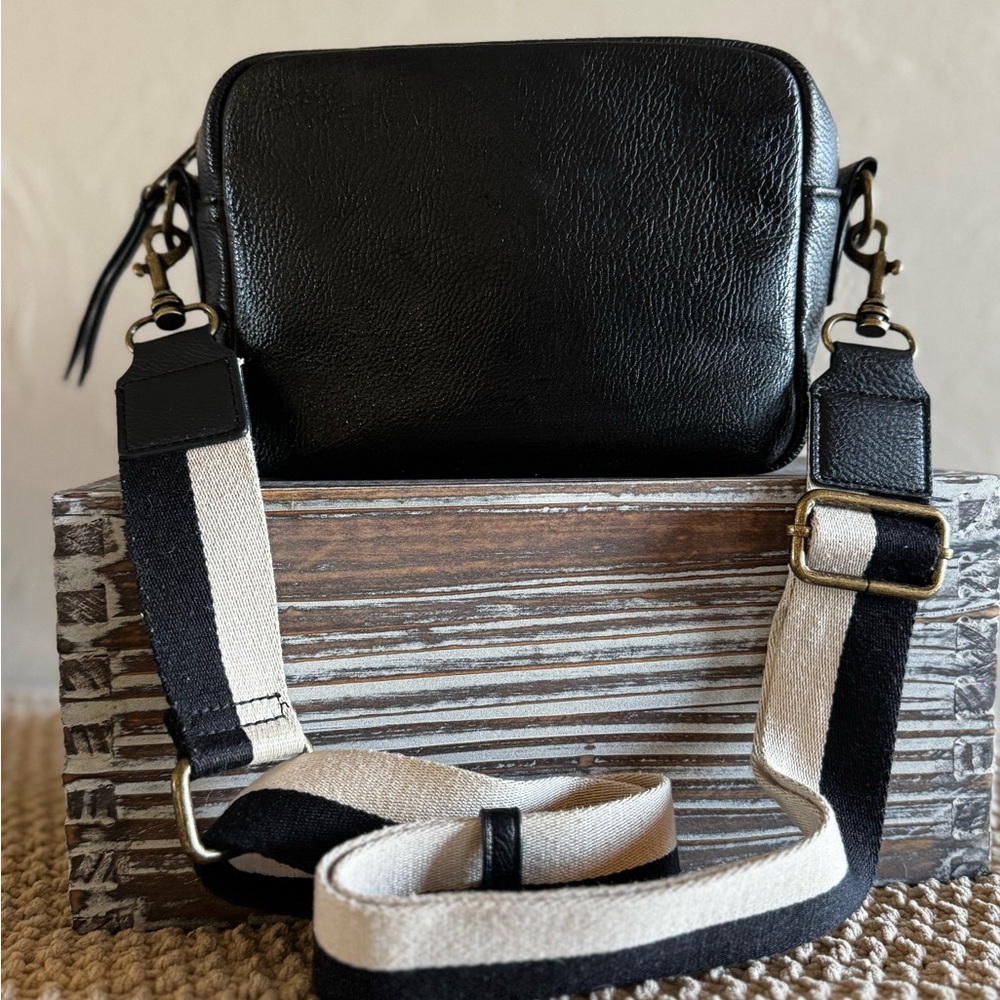 Universal Thread Black Leather Crossbody with Striped Canvas Strap